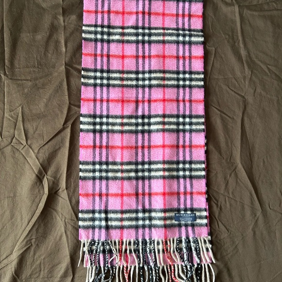 Pink Plaid Burberry Cashmere Fringe Trim Scarf - Picture 8 of 14